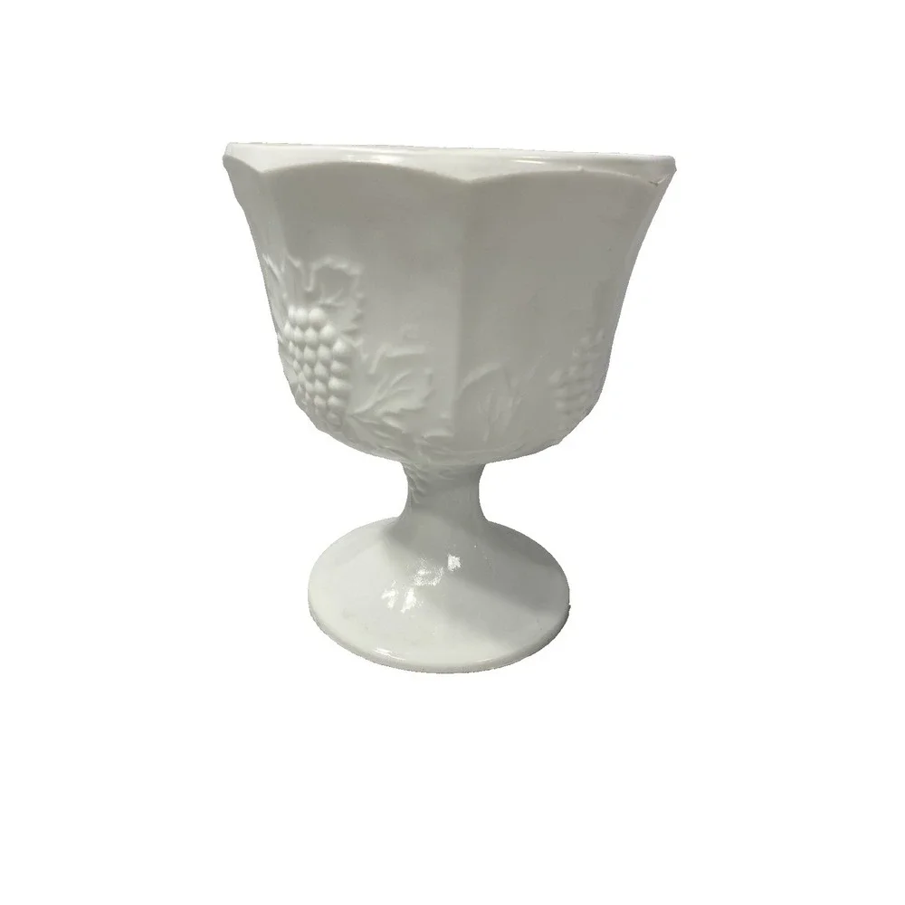vintage milk white glass vase candy‎ bowl with grapes vines floral 6 inch tall